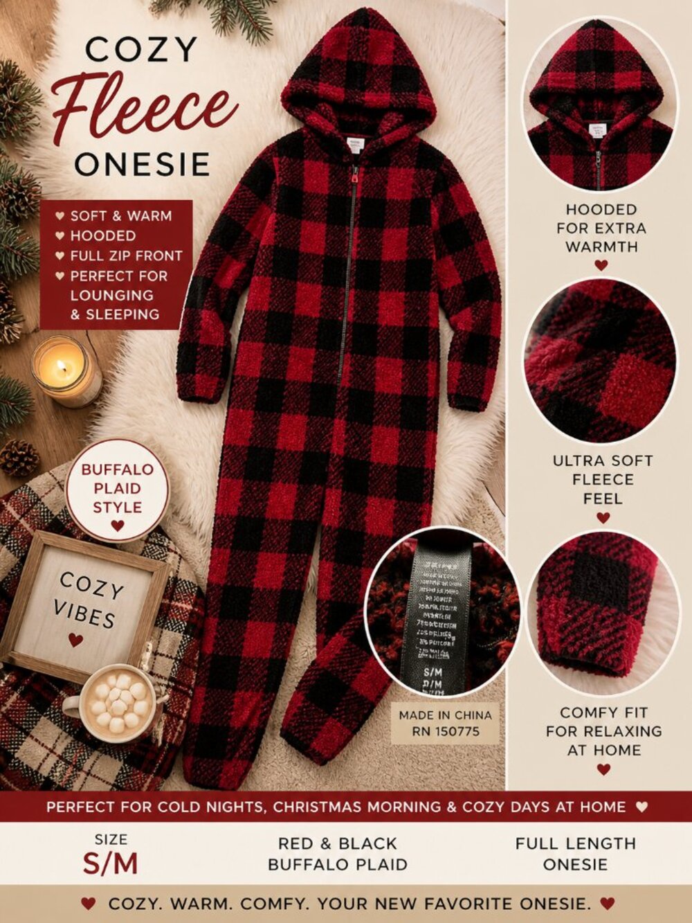 SKIMS Cozy Knit Unisex Onesie in the red and black "Brick Buffalo Check" pattern